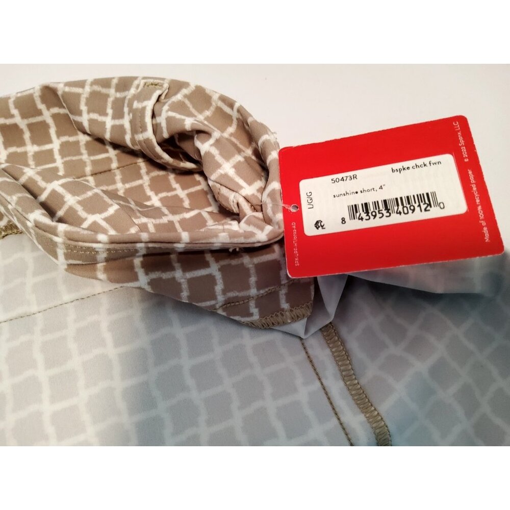 SPANX Tan Check 4" SUNSHINE Pull On 4Way Stretch Pocket SHORTS Womens LARGE NEW - Picture 3 of 8
